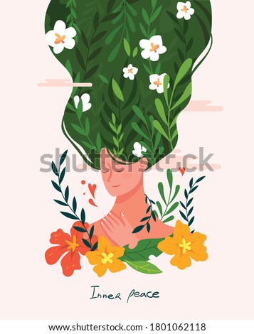 Inner peace and meditative thinking concept vector illustration. Beautiful women and natural beauty visual graphics.