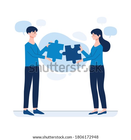 A woman and a man putting together a puzzle. Business teamwork flat vector illustration.