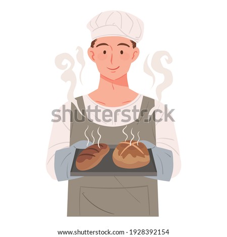 A baker smiling happily while holding an oven tray with freshly baked bread. Fresh bread smells good.