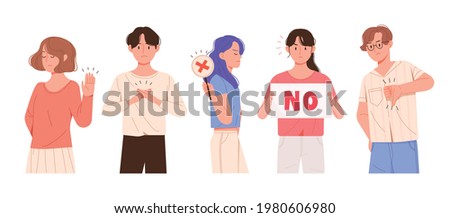 Man and woman expressing rejection. People who make x-hand gestures, hold pickets that say no, and frown.