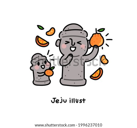 Cute Dolhareubang(traditional stone statue in Jeju Island, Korea) holding a tangerine.  Jeju Island concept vector illustration.