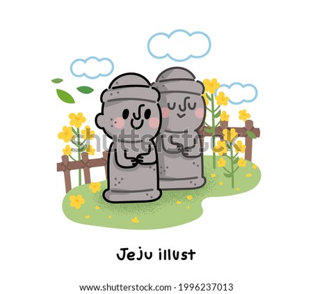 Rape flowers and cute Dolhareubang (traditional stone statues in Jeju Island, Korea). Jeju Island concept vector illustration.