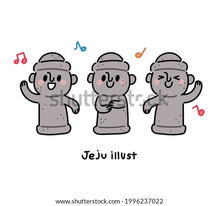 Dancing cute Dolhareubang (traditional stone statue in Jeju Island, Korea). Jeju Island concept vector illustration.