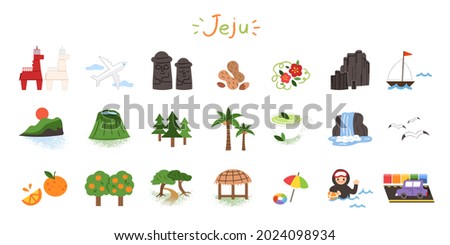 A collection of landmarks and specialties icons of Jeju Island. Vector illustrations of haenyeo, dolhareubang, tangerines, tourist attractions, etc.