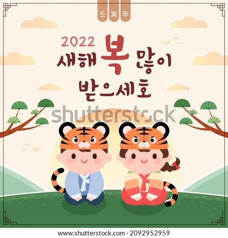 Korean traditional holiday Seollal, Year of the Tiger commemorative banner illustration. Korean translation: 2022 Happy New Year. Chinese translation: Year of the Tiger