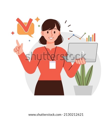 Business woman illustration. A woman is standing with a laptop.