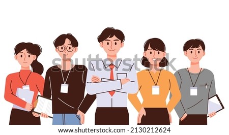 Business team members are standing. The boss and his employees stand in a confident pose as a group.