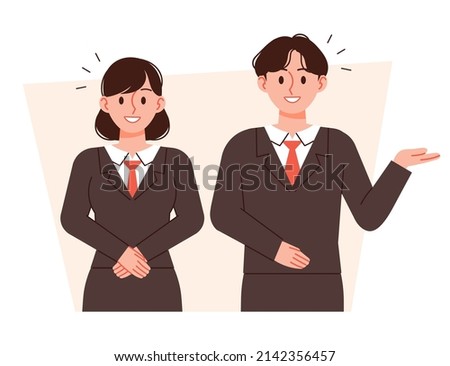 A man and a woman make a guiding gesture. Men and women in neat suits. Business figures vector illustration.