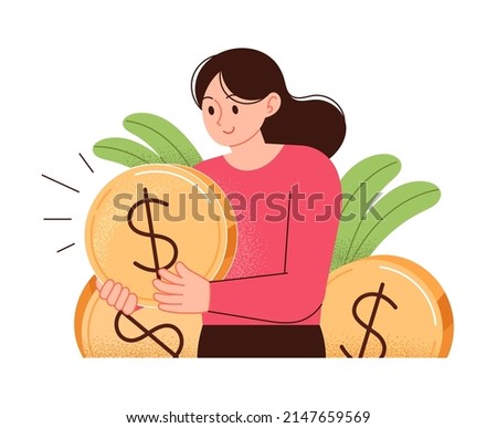 A woman holding a huge coin and looking at it. Financial business concept vector illustration.