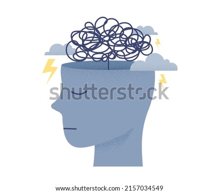 Confused, anxious and stressed brain. Mental health concept person profile vector illustration.