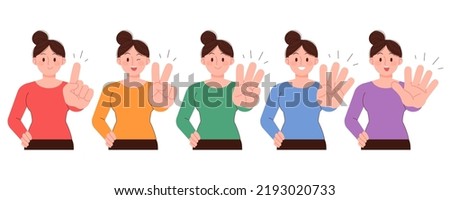 A woman making a gesture expressing the numbers 1,2,3,4,5 with her fingers. Counting concept figures vector illustration.