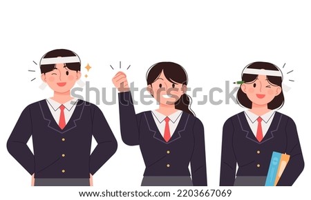 High school students in school uniforms posing cheering. SAT, high school concept person vector illustration.