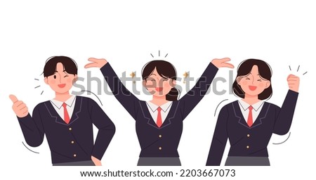 High school students in school uniforms posing cheering. SAT, high school concept person vector illustration.