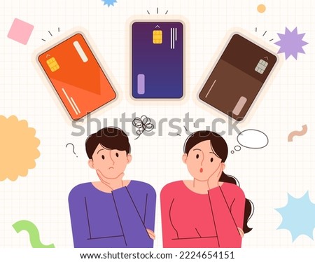 A couple contemplating which credit card to choose. Economy concept vector illustration.