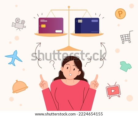 A woman thinking about which credit card to choose. Economy concept vector illustration.