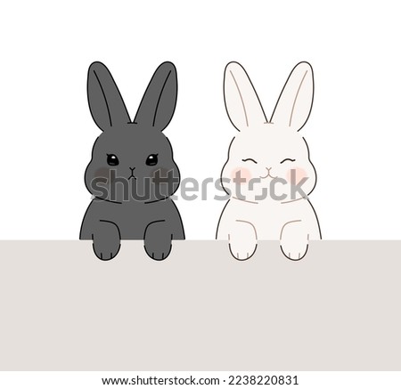 Two cute bunnies appeared on the wall. Black rabbit and white rabbit character upper body illustrations for your design.