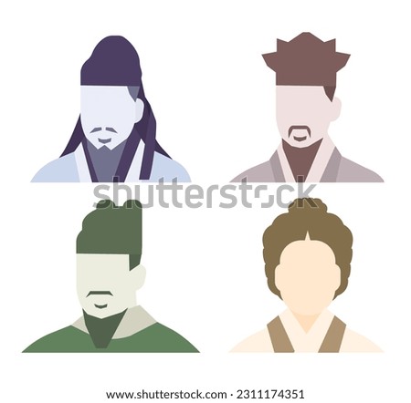 A collection of upper body icons of great people drawn on Korean banknotes. Korean historical figures silhouette illustration. King Sejong, Yulgok  Yi  Yi, Toegye Yi Hwang, and Shin Saimdang.