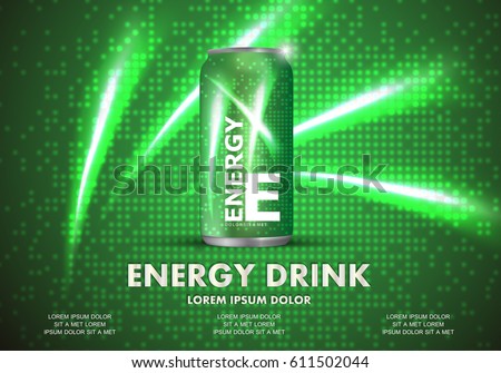 Energy drink on sparkly and shiny backdrop.Contained in green can template,with element surrounds.For web site,poster,placard,wallpaper and flyer.Also useful for ads,advertisement and social network
