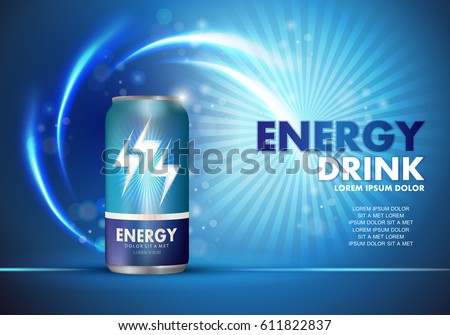 Energy drink on sparkly and shiny backdrop.Contained in blue can template,with element surrounds. 