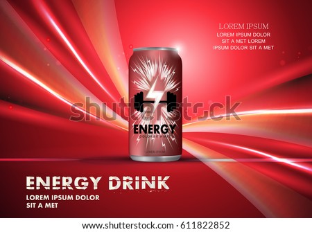 Energy drink on wavy backdrop.Contained in red can template,with element surrounds. 