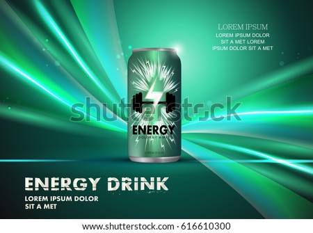 Energy drink on wavy and shiny backdrop.Contained in green can template,with.For web site,poster, placard, wallpaper, flyer and leaflet. Also useful for ads, advertisement and social network
