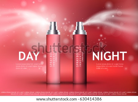 Spray bottle isolated on red background.Premium ads for web site,marketing,social network and blog.Realistic 3d color perfume.For poster template,placard,flyer,cover and wallpaper