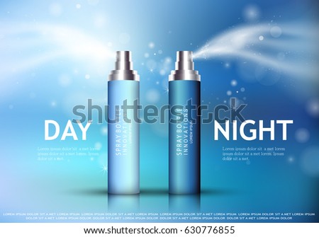 Spray bottle isolated on blue background.Premium ads for web site,marketing,social network and blog.Realistic 3d color perfume.For poster template,placard,flyer,cover and wallpaper