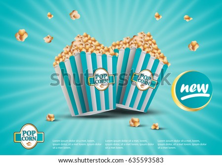3D popcorn isolated on turquoise striped background.For web site,ads,poster,placard and promotion material.Also useful for banner,marketing on social network and blog advert