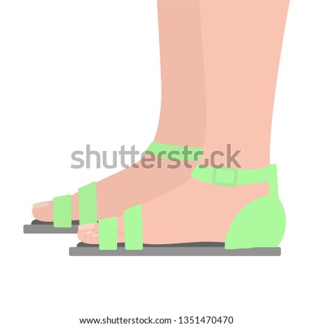 Sandals side view. Feet in shoes. Women's casual summer shoes. Open summer shoes. Vector illustration