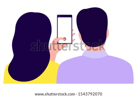 Couple man and woman holding smartphone, back view. Girl taking photo, selfie. Pair photo girl and guy on phone. Vector illustration