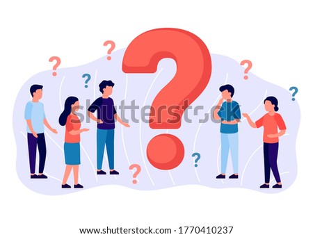 Frequently asked questions, group people around question marks.
Abstract man and woman ask, need help. Faq concept. Vector illustration
