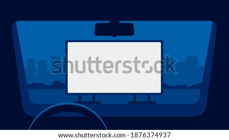 Drive cinema, car movie theater, auto theatre. View from window car in open air parking at night. Outdoor screen with movie scene. Car cinema or drive movie in open air. Vector illustration