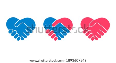 Hands shake, heart and help symbol. Handshake icon set. Man and woman communication, lover couple, lgbt. Partner agreement. Sign contract, partnership, peace. Vector 