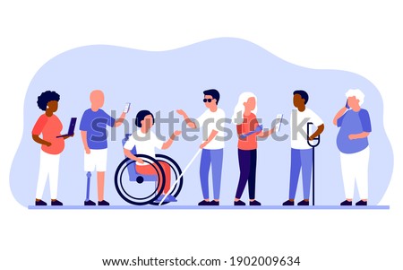 Group diverse of people with disabilities work together in office. Disabled different people stand in raw and communicate with mobile phone, laptop. Handicapped persons work. Vector illustration