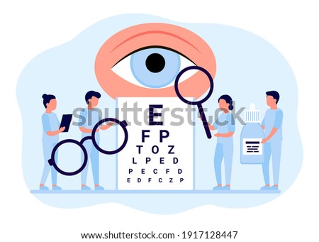 Doctor is checkup eye vision. Examination eyes people, focus correction treatment. Ophthalmology. Optometrist, ophthalmologist, medical staff people with glasses, vision test and eye drops. Vector