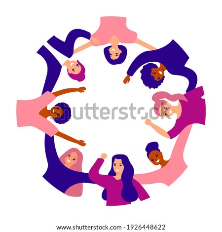 Group of happy women of different ethnicity are standing in circle, hugging together, support. International womens day. Female empowerment movement. Girls friendship, communication, unity. Vector