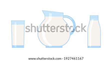 Milk in glass, jug and bottle. Fresh milk drink with vitamins. Milk beverage for breakfast. Vector illustration isolated on white background