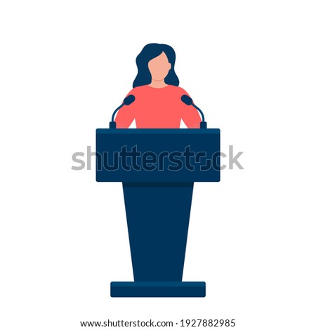 Woman in conference suit on podium, tribune. Speech by people leader, businesswoman, head, teacher. Vector illustration