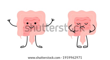 Healthy happy intestine with good microflora and sad unhealthy sick gut characters. Check health of intestine. Internal organ gut, intestine, colon, rectum, bowel. Vector illustration