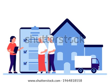 Property insurance people senior retirement, testament signing, appraisal estate. Financial advisor and lawyer services concept. Retirement estate, inheritance planning. Vector illustration