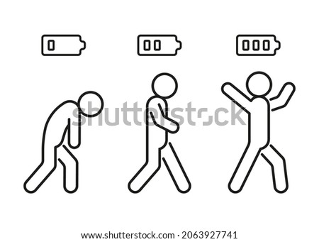 Set level energy person with battery from low tired in full happy, line icon. People with low charge and lack battery energy  and human strong power sign with high energy. Burnout, stress. Vector