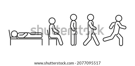 People icon in different posture, human various action poses. Lie, stand, sit, walk, run. Vector line illustration Foto stock © 