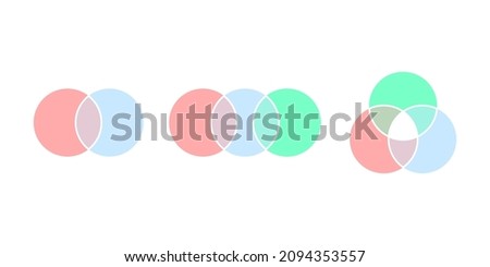 Types of color venn diagram, graph circle general intersection. Way of displaying information in form of crossing circles. Mathematical infographic. 2, 3 intersection area. Vector illustration