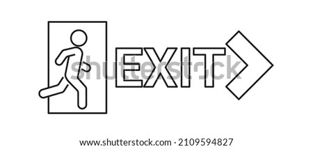 Emergency exit outline sign with arrow, exit person out door for protection. Man go out through door, warning sign. Vector illustration