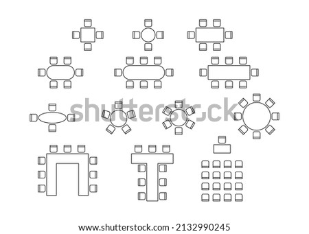 Set of plan for arranging seats in interior, layout graphic outline elements. Chairs and tables icons in scheme architectural plan. Office and home furniture, top view. Vector line illustration Stock foto © 