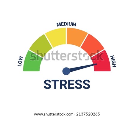 Stress scale test with high level tension, risk for health. Stress regulation, safe health. Arrow on extreme level from overwork, overstrain. Vector illustration