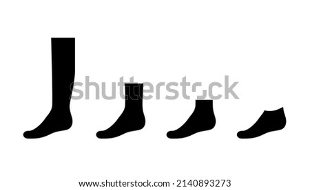 Set sock for man from long to short, black silhouette template. Sport and regular sock. Mockup clothes side view. Vector contour illustration