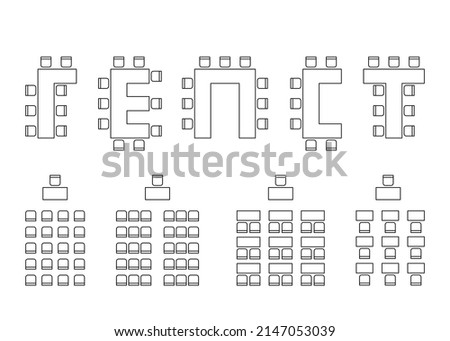 Set of plan for arranging seats in interior, auditorium with place spectators, classroom, theater, lecture hall, layout outline elements. Scheme chairs and tables icons. Furniture top view.Vector line