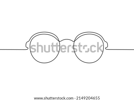 Glasses one black single continuous line art drawing style, sunglasses outline. Front view of eyeglasses minimalist linear sketch. Protection eye from sun. Vector illustration on white background