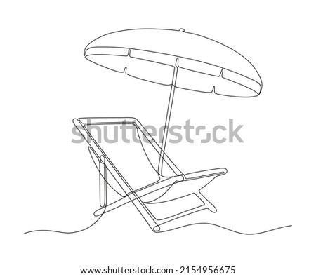 Beach umbrella and chair for summer holiday, continuous one line drawing. Beach chaise longue and sunshade. Summertime relax on deck chair on coast of sea. Relaxation equipment. Vector outline
